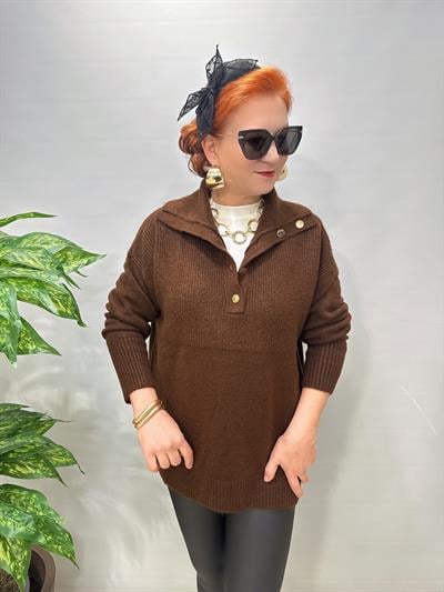 22733 DÜĞME DETAY TASARIM KAZAK Acı Kahve