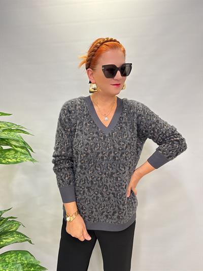 2324 Leopar Desen Triko Kazak Antrasit
