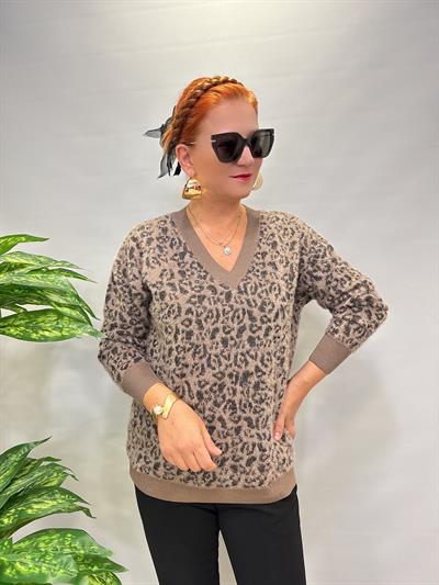 2324 Leopar Desen Triko Kazak Kahve