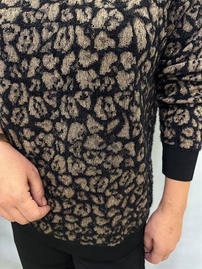 2324 Leopar Desen Triko Kazak Siyah