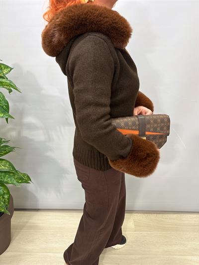 2333 Kollarda ve Yakada Kürk Detaylı Hırka / Ceket Kahve