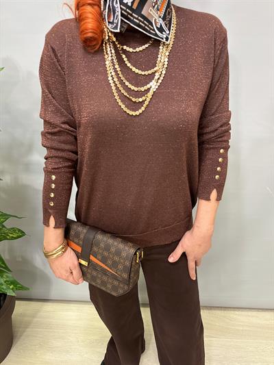 2333 Simli Kollarda Gold Trok Detaylı Triko Bluz Kahve