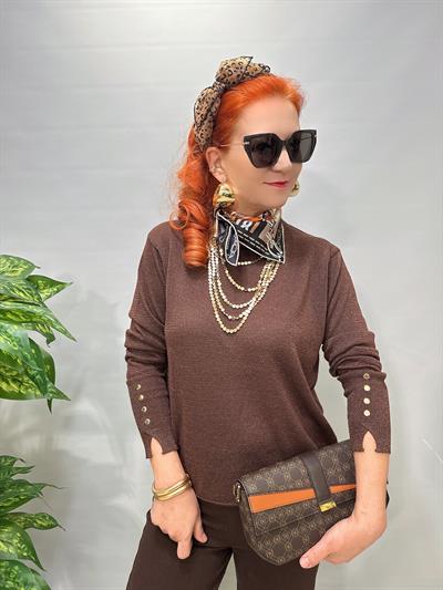 2333 Simli Kollarda Gold Trok Detaylı Triko Bluz Kahve