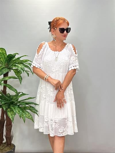 ASL 2340 Italyan Dantel Detay elbise Beyaz