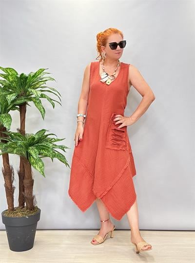 2351 Ozel Tasarım Asimetrik Elbise Kİremit