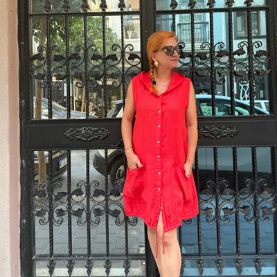 23A231 PREMIUM PAMUK KETEN TASARIM ELBİSE 42 BEDENE KADAR UYUMLUDUR KIRMIZI  boyum 1.64