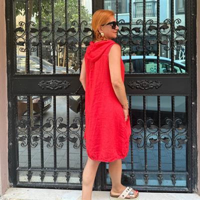 23A231 PREMIUM PAMUK KETEN TASARIM ELBİSE 42 BEDENE KADAR UYUMLUDUR KIRMIZI  boyum 1.64