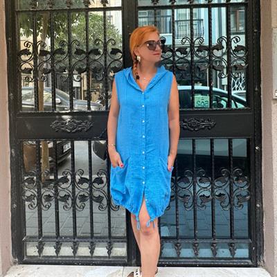 23A231 PREMIUM PAMUK KETEN TASARIM ELBİSE 42 BEDENE KADAR UYUMLUDUR MAVİ boyum 1.64