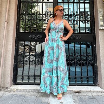 2409 HİNT İPEĞİ ELBİSE GRİ-TURKUAZ  36/40 BEDENE UYUMLU boyum 1.64