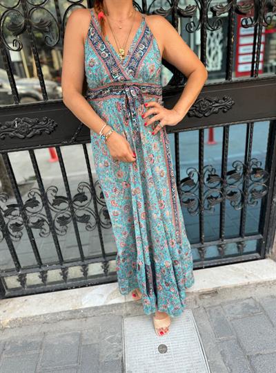 2409 HİNT İPEĞİ ELBİSE MAVİ  36/40 BEDENE UYUMLU boyum 1.64