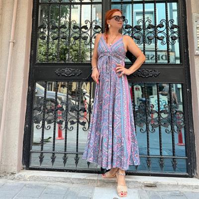 2409 HİNT İPEĞİ ELBİSE PEMBE-MAVİ YALDIZLI  36/40 BEDENE UYUMLU boyum 1.64