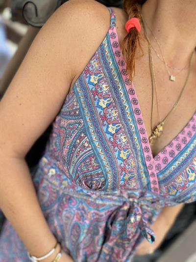 2409 HİNT İPEĞİ ELBİSE PEMBE-MAVİ YALDIZLI  36/40 BEDENE UYUMLU boyum 1.64