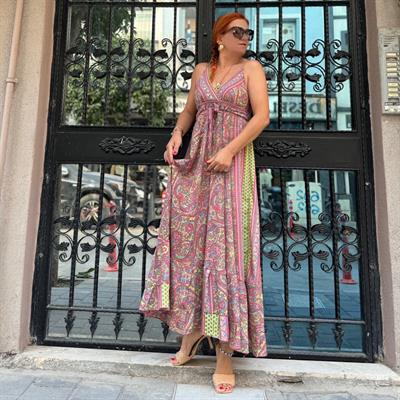 2409 HİNT İPEĞİ ELBİSE PEMBE-YEŞİL YALDIZLI 36/40 BEDENE UYUMLU boyum 1.64