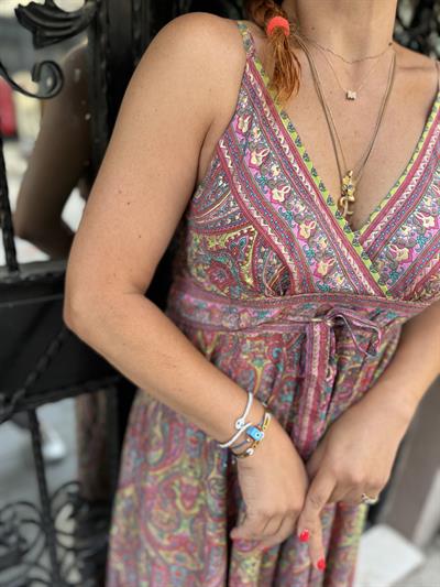 2409 HİNT İPEĞİ ELBİSE PEMBE-YEŞİL YALDIZLI 36/40 BEDENE UYUMLU boyum 1.64