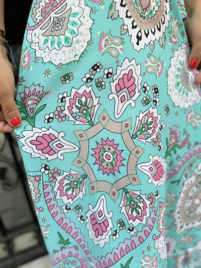 2409 HİNT İPEĞİ ELBİSE TURKUAZ 36/40 BEDENE UYUMLU boyum 1.64