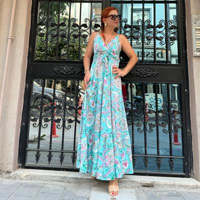 2409 HİNT İPEĞİ ELBİSE TURKUAZ 36/40 BEDENE UYUMLU boyum 1.64