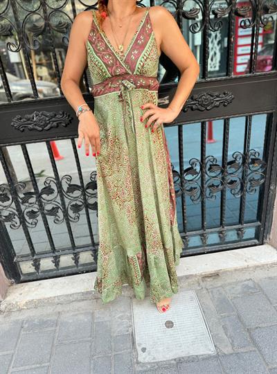 2409 HİNT İPEĞİ ELBİSE YEŞİL  36/40 BEDENE UYUMLU boyum 1.64