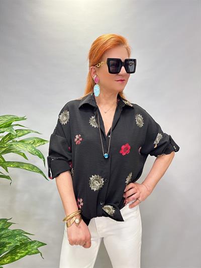 25028 (1 beden küçük alınız) NAKIŞLI  AEROBIN GÖMLEK SİYAH