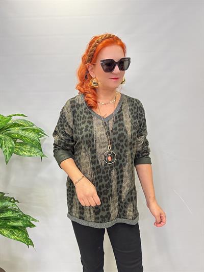 2512 Italyan Leopar Detaylı Triko Bluz Haki