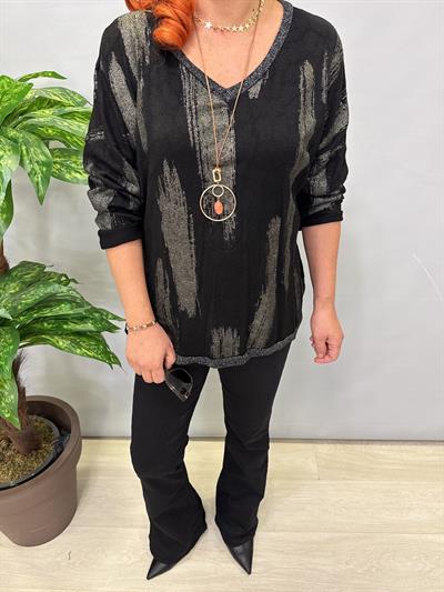 2512 Italyan Leopar Detaylı Triko Bluz Siyah