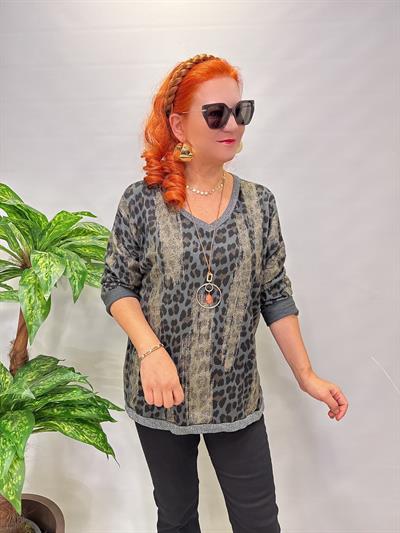 2512 Italyan Leopar Detaylı Triko Bluz Antrasit