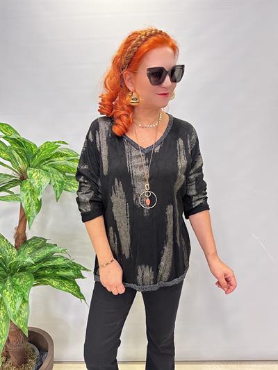 2512 Italyan Leopar Detaylı Triko Bluz Siyah