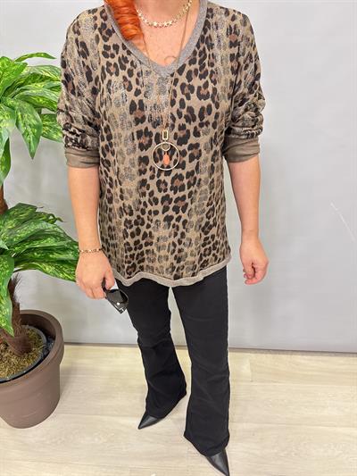 2512 Italyan Leopar Detaylı Triko Bluz Vizon