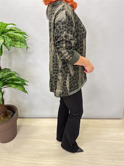 2512 Italyan Leopar Detaylı Triko Bluz Haki
