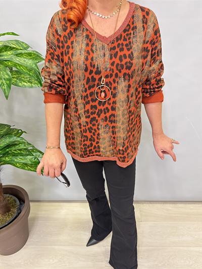 2512 Italyan Leopar Detaylı Triko Bluz Kiremit
