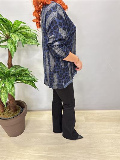 2512 Italyan Leopar Detaylı Triko Bluz Lacivert