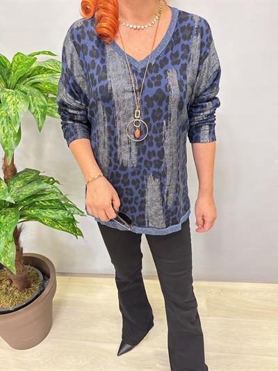 2512 Italyan Leopar Detaylı Triko Bluz Lacivert