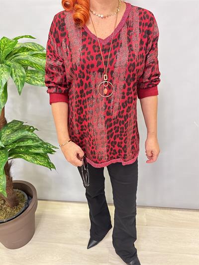 2512 Italyan Leopar Detaylı Triko Bluz Bordo
