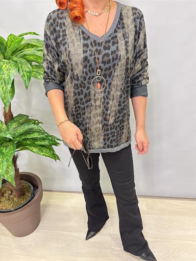 2512 Italyan Leopar Detaylı Triko Bluz Antrasit