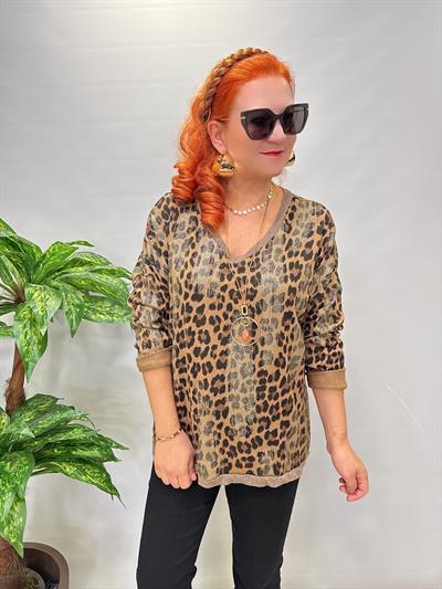 2512 Italyan Leopar Detaylı Triko Bluz Camel