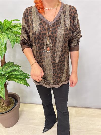 2512 Italyan Leopar Detaylı Triko Bluz Kahve