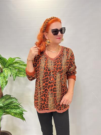 2512 Italyan Leopar Detaylı Triko Bluz Kiremit