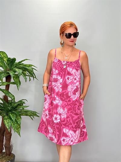 2514 Pamuklu Keten Elbise Pembe