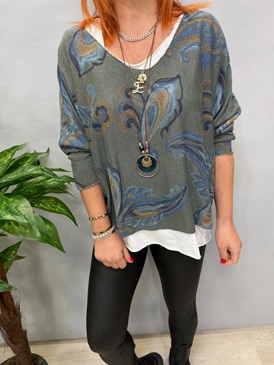 2536 İTALYAN ŞAL DESEN LİKRALI KOLYELİ BLUZ YEŞİL