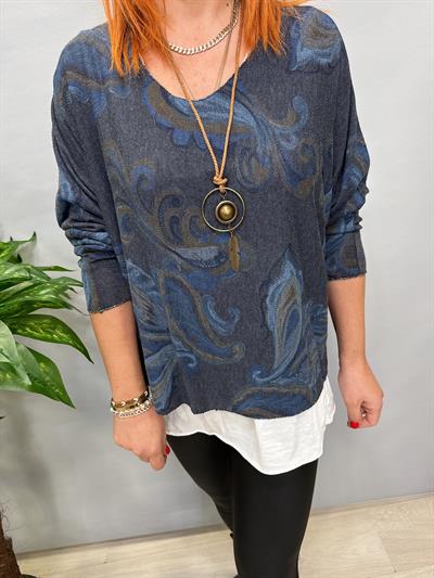 2536 İTALYAN ŞAL DESEN LİKRALI KOLYELİ BLUZ MAVİ