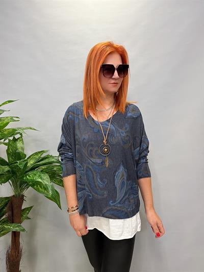 2536 İTALYAN ŞAL DESEN LİKRALI KOLYELİ BLUZ MAVİ