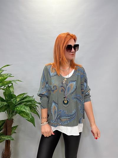 2536 İTALYAN ŞAL DESEN LİKRALI KOLYELİ BLUZ YEŞİL