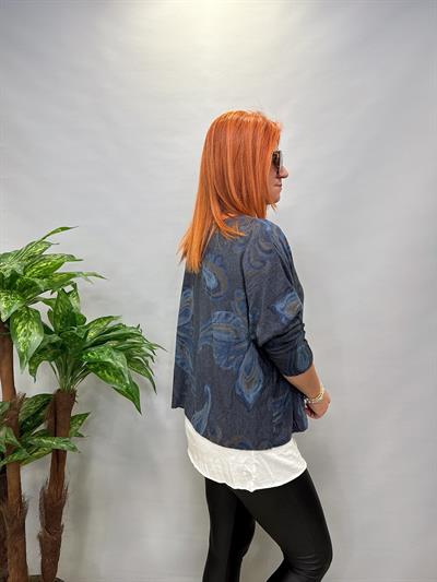 2536 İTALYAN ŞAL DESEN LİKRALI KOLYELİ BLUZ MAVİ