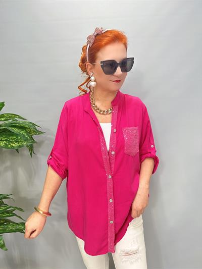 2580 Italyan Payet Detay Gömlek Bluz Fuşya