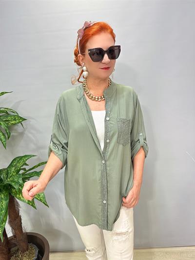 2580 Italyan Payet Detay Gömlek Bluz Haki