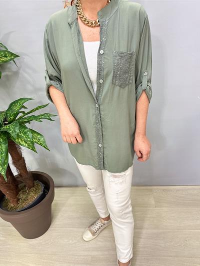 2580 Italyan Payet Detay Gömlek Bluz Haki