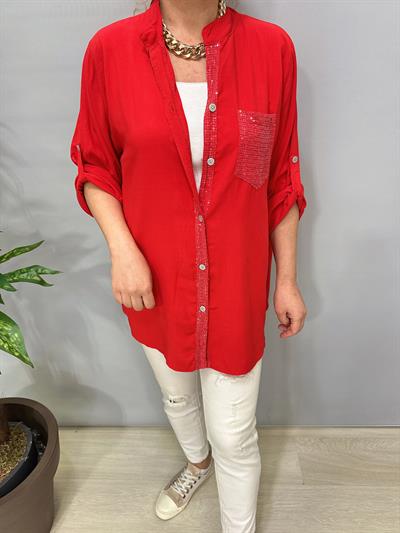 2580 Italyan Payet Detay Gömlek Bluz Kırmızı