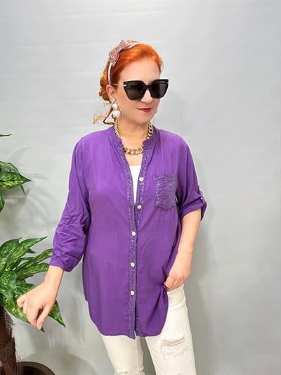 2580 Italyan Payet Detay Gömlek Bluz Mor