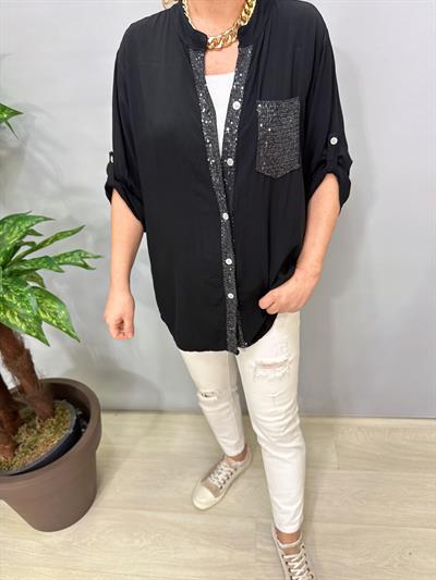 2580 Italyan Payet Detay Gömlek Bluz Siyah
