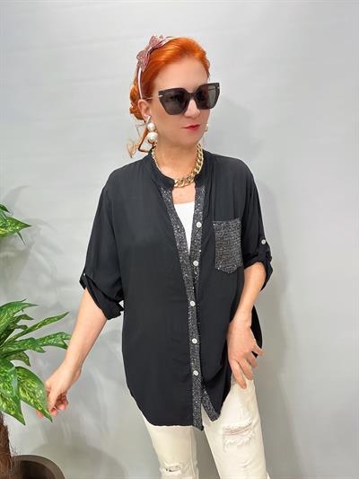 2580 Italyan Payet Detay Gömlek Bluz Siyah
