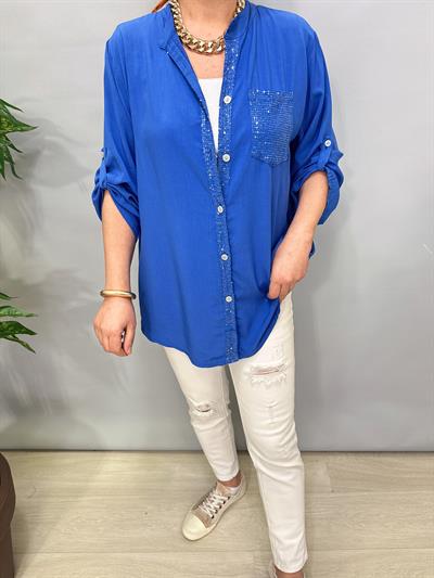 2580 Italyan Payet Detay Gömlek Bluz Saks Mavi